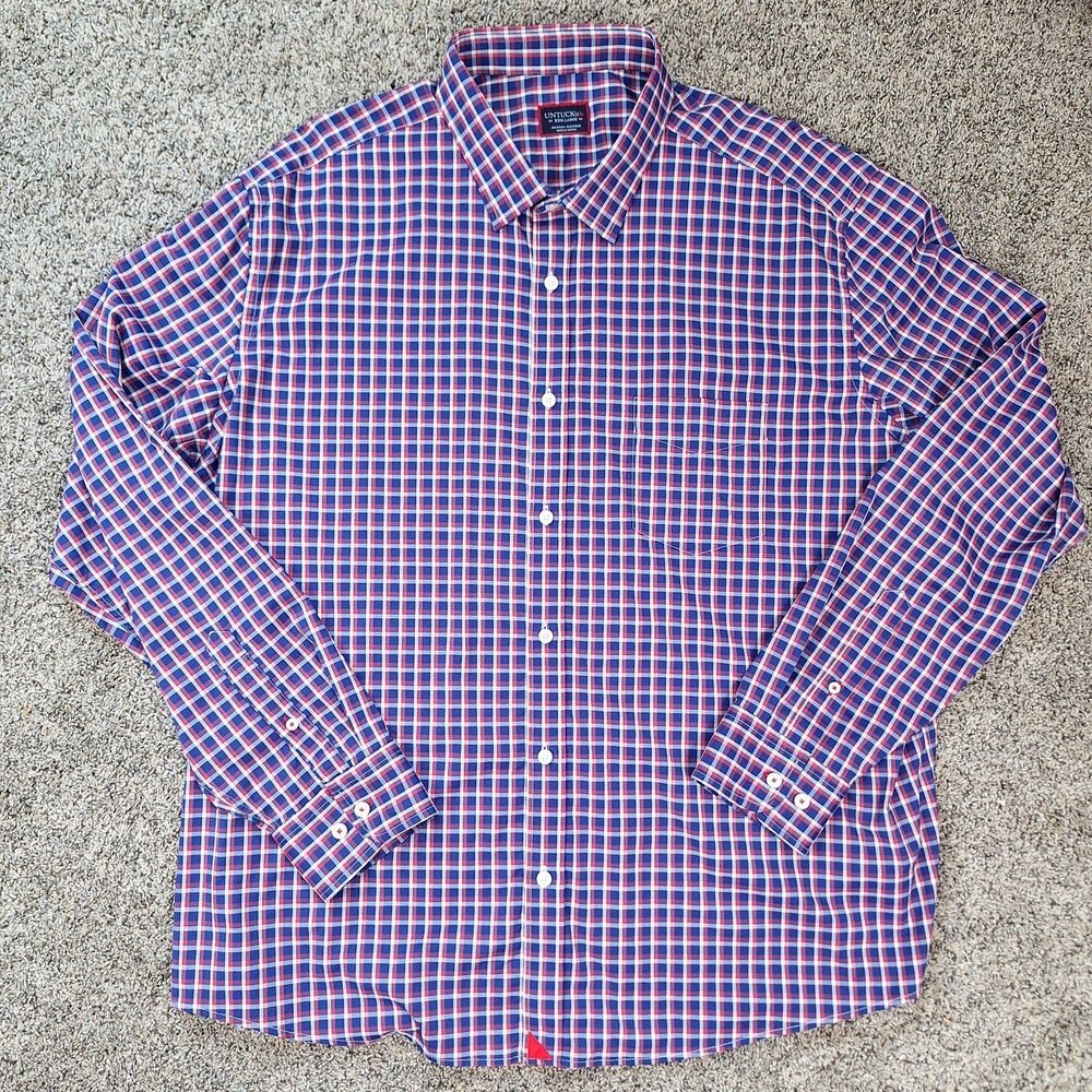 UNTUCKit Mens Blue Check Nylon Blend‎ Stuhlmuller Longsleeve Shirt Size XXL